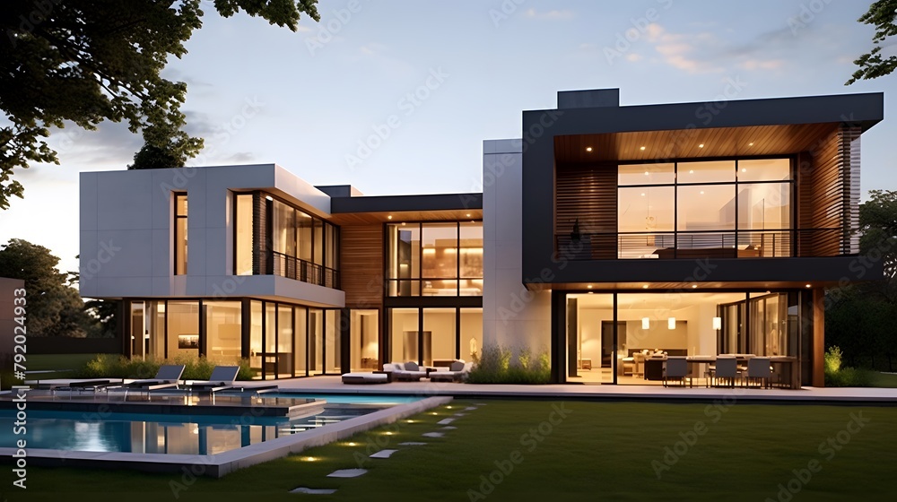 Modern house with swimming pool in the evening. Panoramic view.