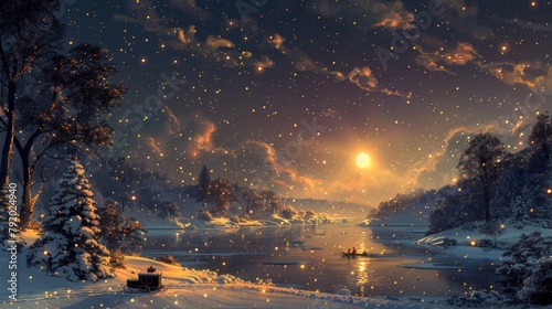Enchanted winter night with magical sleigh ride under a glowing moon
