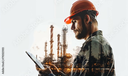 Double exposure portrait, merging a handsome engineer man with iconic structures Oil industry