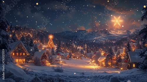 Enchanting winter wonderland with cozy snow-covered cabin and sparkling lights