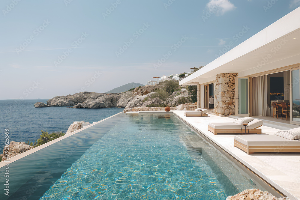  A luxurious modern villa with infinity pool overlooks the sea on Mykonos island in Greece. The cozy living room features a neutral interior design with beige and white colors and stone walls. 