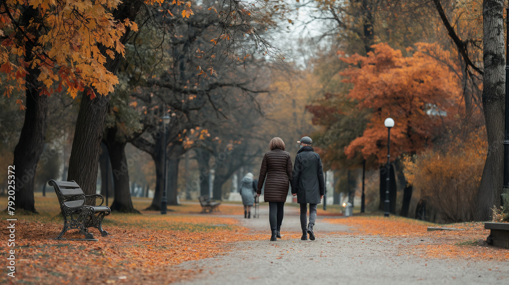 A couple walking in a park, dressed in autumn clothes, walking separately and not interacting A couple walking in a park, dressed in autumn clothes, walking separately and not interacting