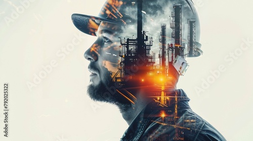 Double exposure portrait, merging a handsome engineer man with iconic structures Oil industry