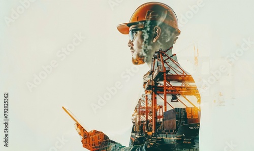 Double exposure portrait, merging a handsome engineer man with iconic structures transportation industry photo