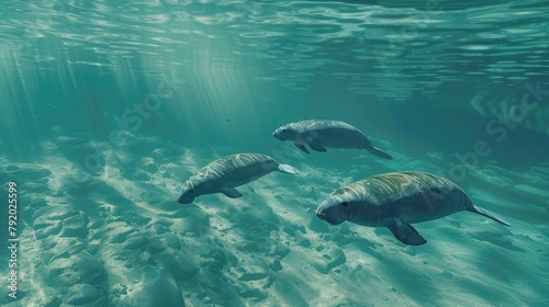 A family of gentle manatees gliding gracefully through the crystal-clear waters 