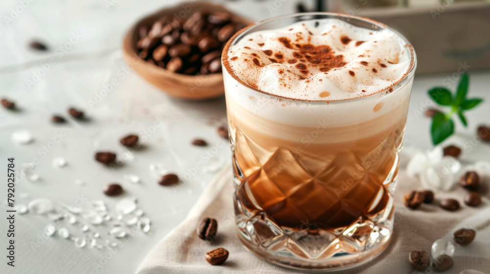 A cup of single origin coffee with whipped cream and cinnamon, served on a table as a refreshing drink.