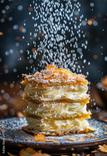 Traditional French dessert millefeuille with vanilla cream