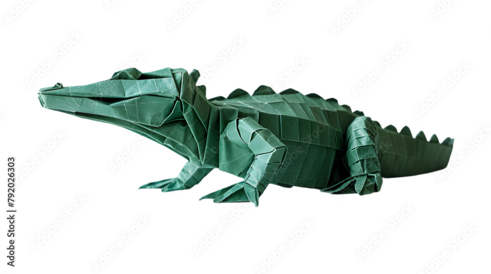 A minimalist paper art of a green origami crocodile, transparent ...