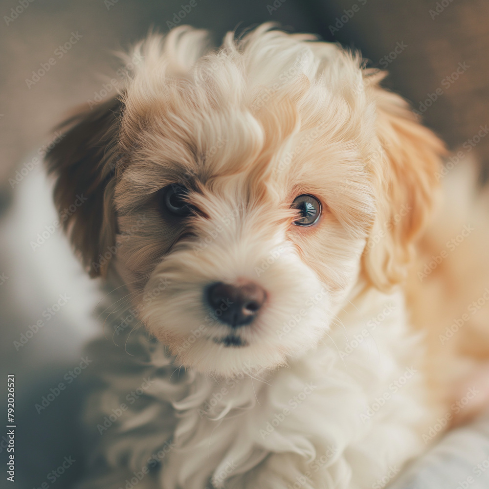 Close-up of a small fluffy puppy gazing curiously at the camera Close-up of a small fluffy puppy gazing curiously at the camera