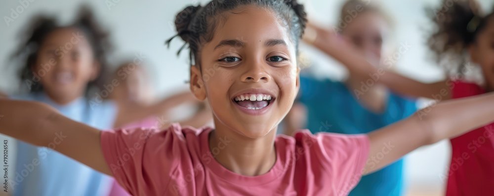 Energetic young girl with classmates dancing joyfully in a fitness class. Energetic young girl with classmates dancing joyfully in a fitness class.