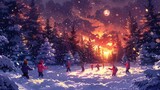 Joyful children engage in a playful snowball fight in a magical winter forest