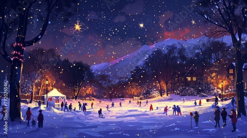 Enchanting winter evening in a snowy village with joyful children playing and festive lights