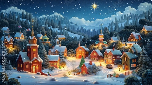 Enchanting winter night scene in a quaint snow-covered village with festive lights