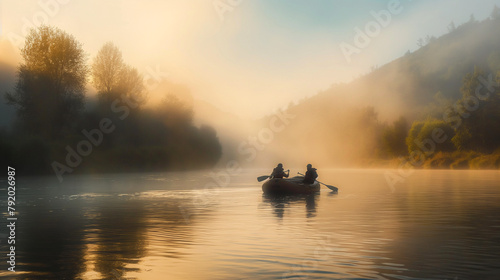 Early morning rafting scene with a raft floating