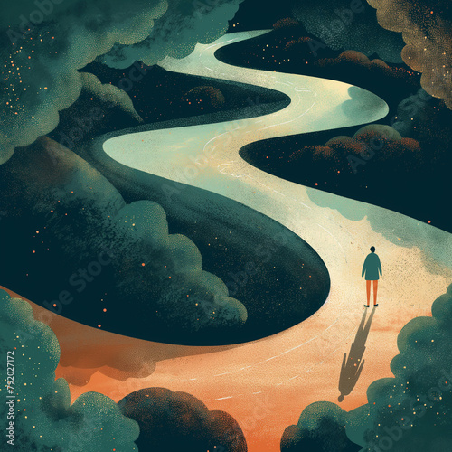 Illustration depicting a person standing at a crossroads, contemplating ethical choices, with two diverging paths representing different moral directions