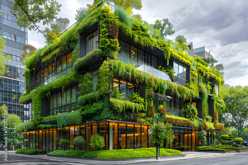 Sustainable Green Building. Eco-Friendly Building, Modern Eco Friendly Urban Building with Lush Green Plant Walls Surrounded by Skyscrapers and Nature 