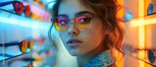 Top eyewear brands in optometry young woman shopping for glasses at store. Concept Ray-Ban, Oakley, Warby Parker, Maui Jim, Persol photo