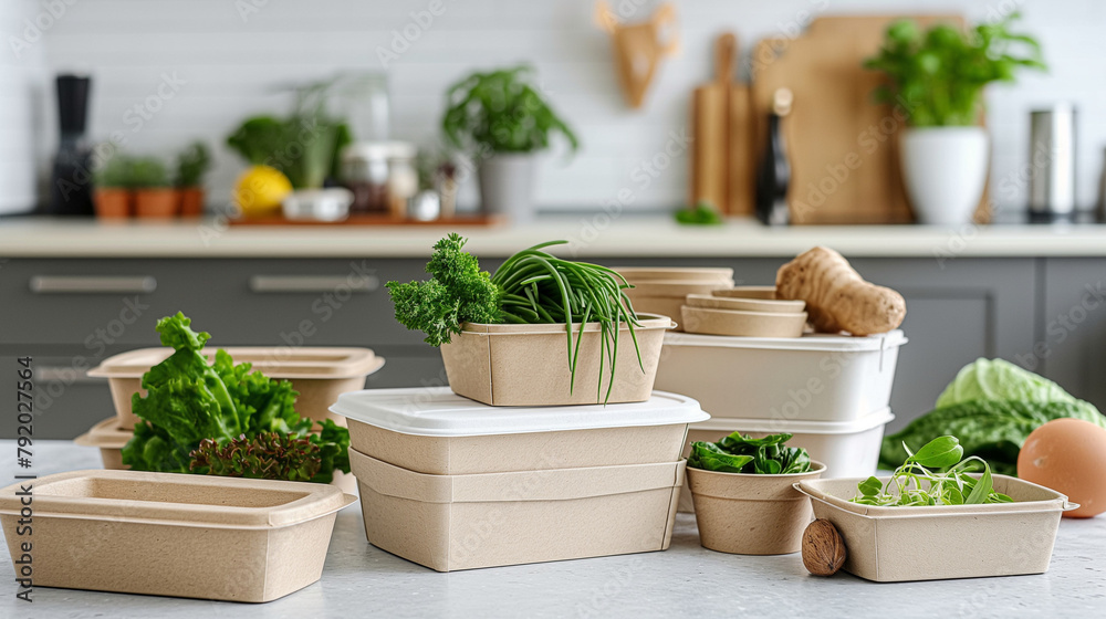 Pile of biodegradable food packaging containers on a kitchen counter, showcasing environmentally friendly solutions in daily use Pile of biodegradable food packaging containers on a kitchen counter, showcasing environmentally friendly solutions in daily use