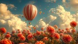 Whimsical hot air balloon festival above vibrant floral landscape