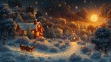 Golden-hour glow on a reindeer sleigh ride through a snowy forest scene