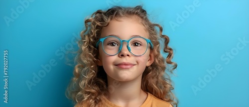 A happy young girl with curly blonde hair wearing new glasses. Concept Joyful Portraits, Children's Fashion, Eyewear Trends, Youthful Confidence