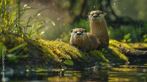 A family of playful river otters sliding down a mossy riverbank into the cool waters below, their sleek bodies twisting and turning with agile grace  photo