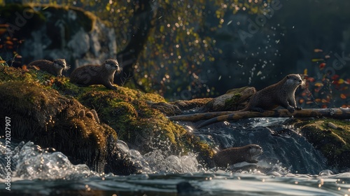 A family of playful river otters sliding down a mossy riverbank into the cool waters below  their sleek bodies twisting and turning with agile grace 