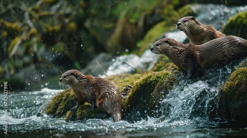 A family of playful river otters sliding down a mossy riverbank into the cool waters below, their sleek bodies twisting and turning with agile grace  photo