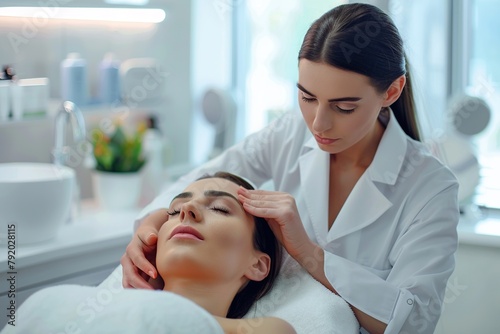 a woman doing facial skin beauty treatment in a beauty salon