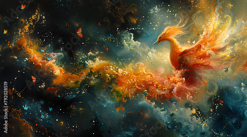 Mythical Emergence: Oil Painting of Phoenixes, Dragons, and Butterflies in Garden Explosion