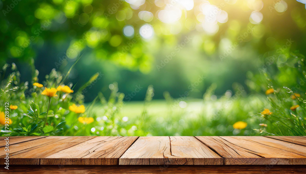 Empty wooden table. Mock up for product display. Green blurred nature on background. Empty wooden table. Mock up for product display. Green blurred nature on background.