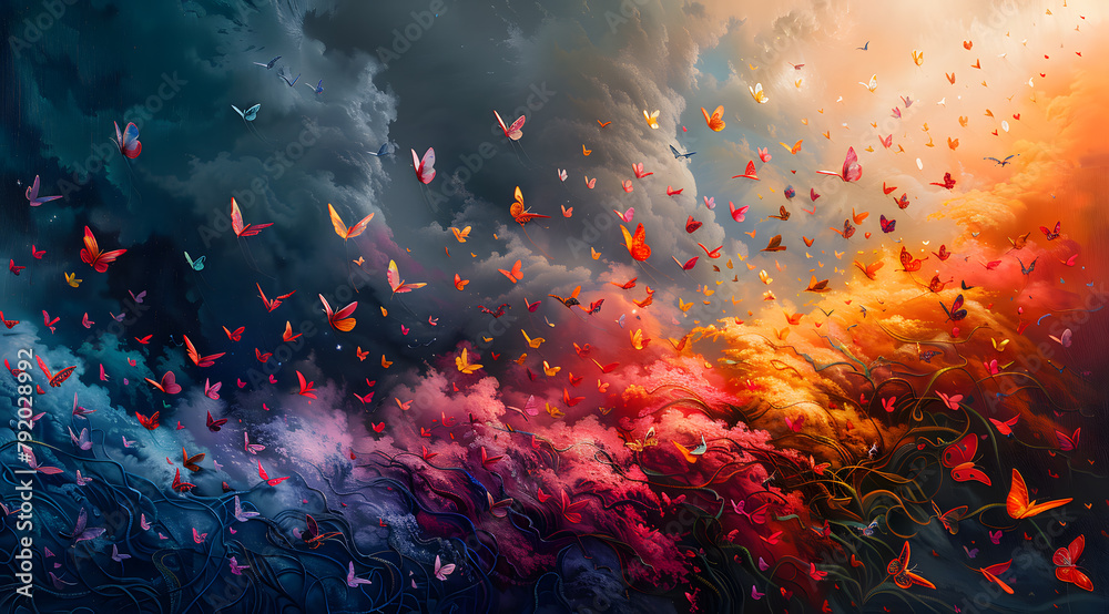Vivid Emotions: Oil Painting Featuring Butterflies Accentuating Emotional Gradients