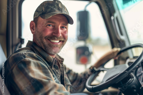 Smiling middle-aged driver in cabin of big modern truck
