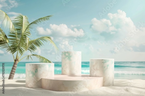 Four Podiums For Product Presentation On a Beach, With a Coconut Tree And The Sea In The Background, Sunny Day