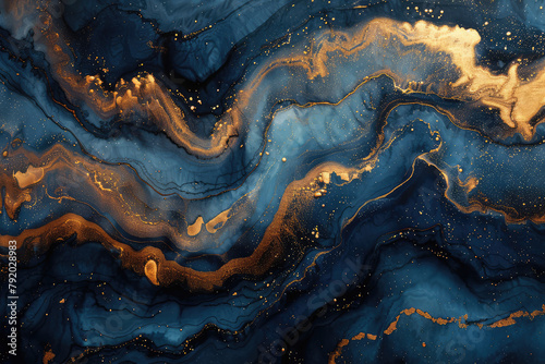 Abstract blue and gold marble background, dark navy and indigo style, flowing lines, delicate textures, mysterious atmosphere. Created with Ai