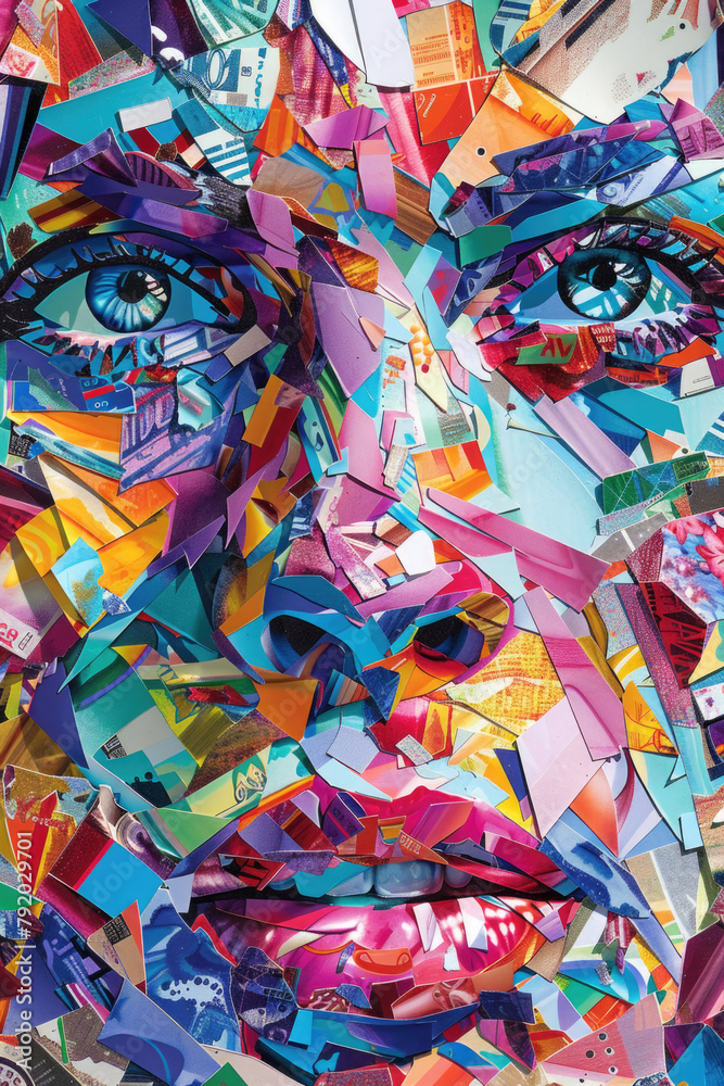 Fototapeta premium Detailed close-up of a persons face entirely crafted from vibrant and colorful paper, showcasing intricate details and meticulous craftsmanship