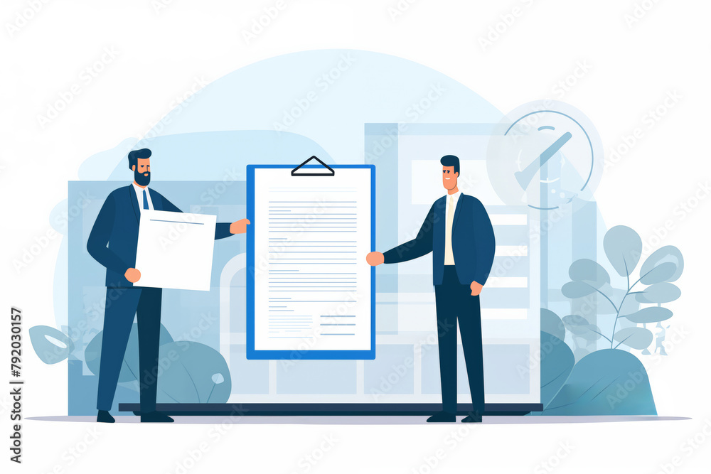 Business graphic vector modern style illustration of business people signing agreement contract agreeing terms of project or employment work together office environment city workplace awarded job