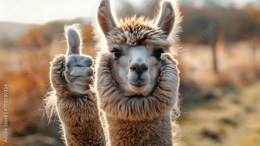 Fototapeta premium Thumbs-Up Alpaca Llama Approving Good Work or Product Banner with Copy Space. Concept Alpaca Llama, Thumbs-Up, Approval, Banner, Copy Space