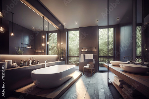 Cozy interior of bathroom in modern house in lounge style.