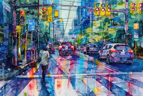 A painting depicting a man confidently striding across a bustling city street, surrounded by vehicles and pedestrians © sommersby