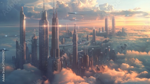 A futuristic floating cityscape hovering above the clouds, its shimmering towers and sleek skybridges stretching towards the heavens. As hovercraft glide silently between the skyscrapers, photo