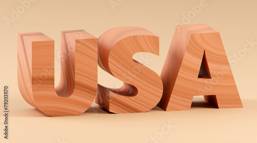 Luxury wooden inscription usa on grey podium, soft light, smooth background, 3d rendering