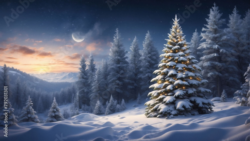Festive winter landscape, Snow-covered Christmas tree nestled in a forest, providing room for text against the nighttime backdrop.