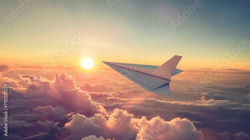 A paper plane is flying in the sky above the clouds. The sun is setting in the background.   © Awais