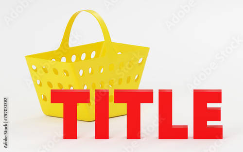 Luxury red sign title on grey podium with empty shopping basket, soft light, smooth background, 3d rendering