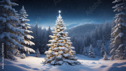 Festive winter landscape, Snow-covered Christmas tree nestled in a forest, providing room for text against the nighttime backdrop. © xKas