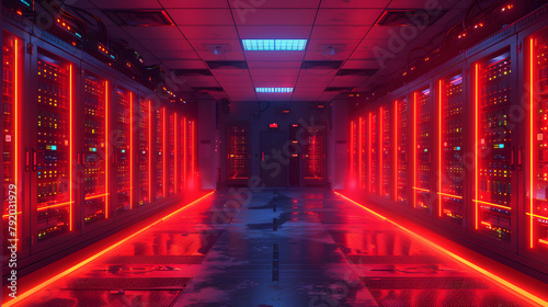 Detailed Server Room With Rows Of Blinking Servers