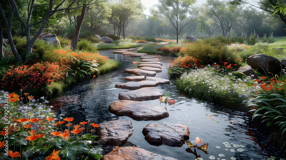 Serene Garden With A Stone Path Leading To A Small Pond Surrounded By Blooming Flowers Serene Garden With A Stone Path Leading To A Small Pond Surrounded By Blooming Flowers