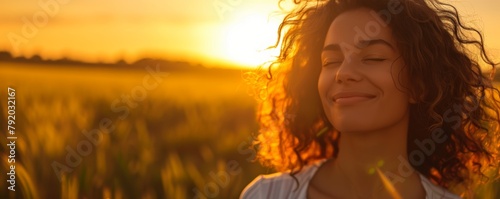 Beautiful girl smiles while standing on a field at golden hour. Generative AI © Nailya