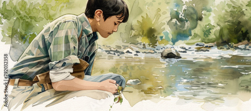 A painting showing a boy causally seated on a rock by a flowing river photo